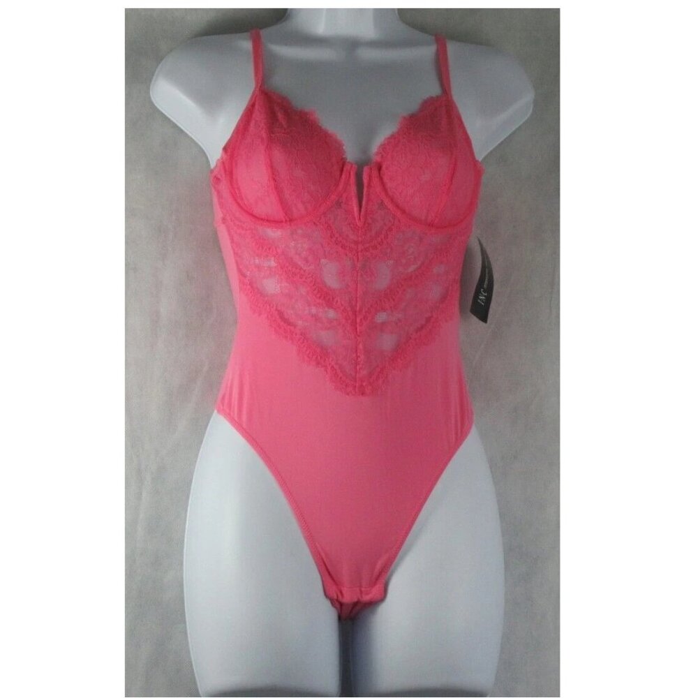 INC International Concepts Women's Micro Lace Thong Bodysuit, Pink Gemstone